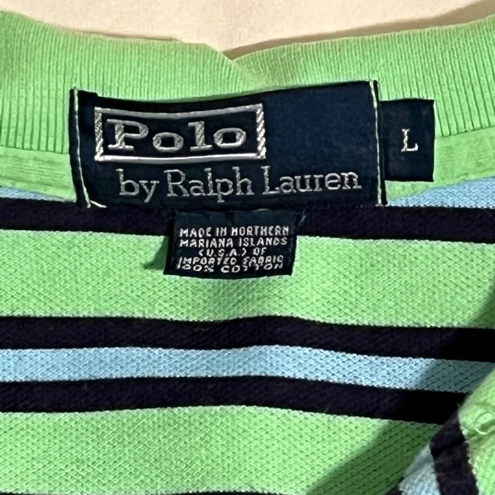 Vintage Polo Ralph‎ Lauren Men’s Large Green Blue Striped Polo Shirt